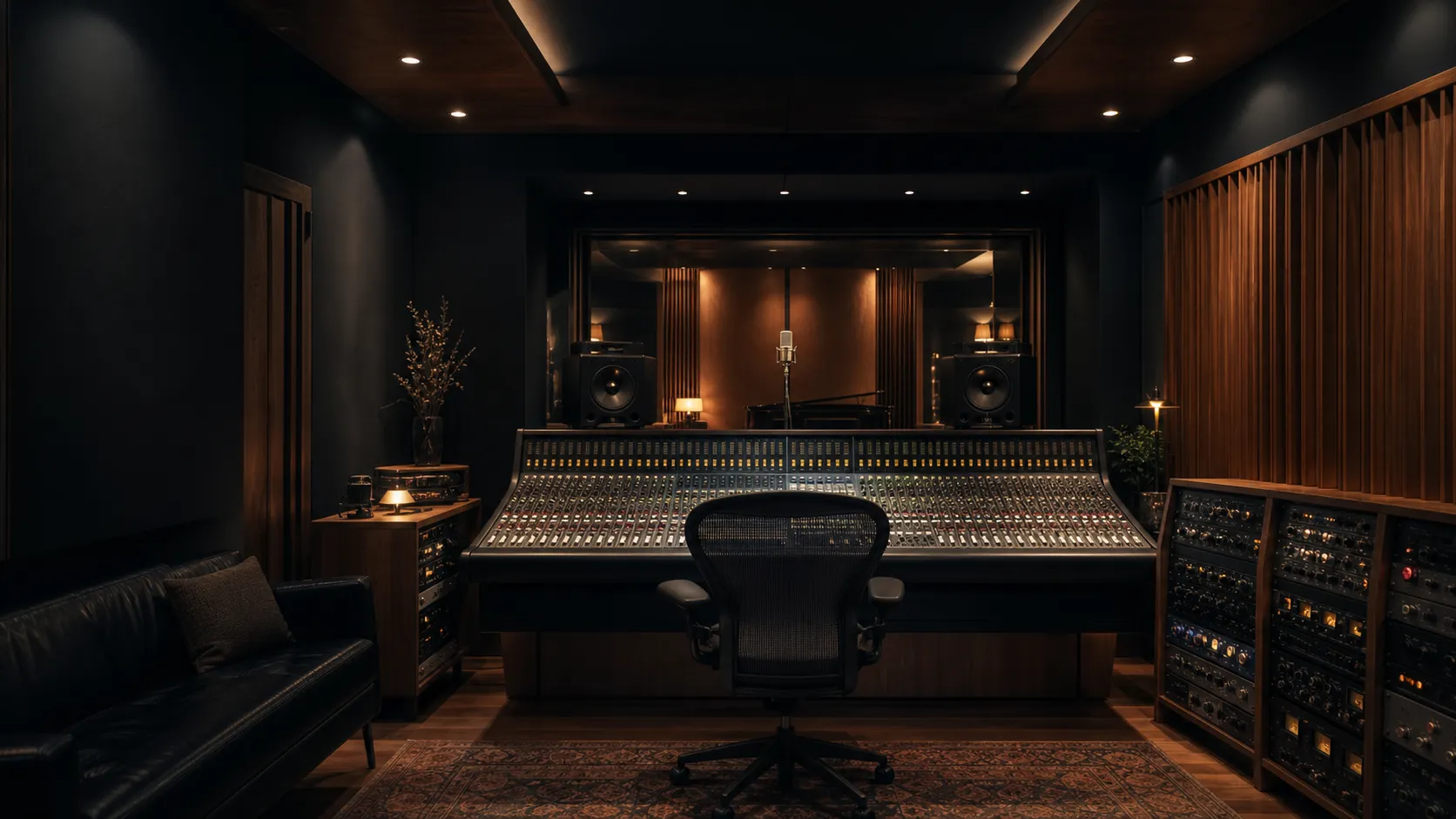 Song of Songs control room Recording studio control room with a mixing console, studio monitors and seating